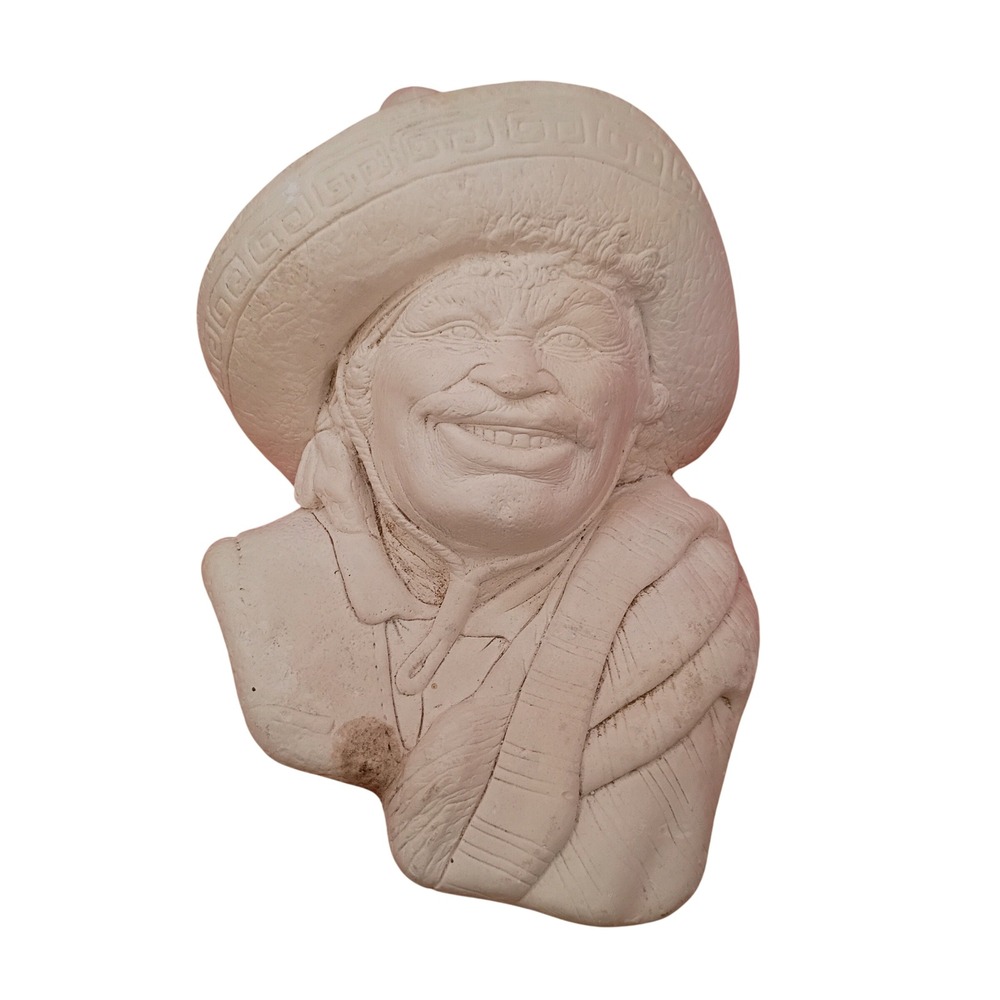 Vintage Mexican Man Sombrero Wall Plaque Chalkware Bust 8in Off-White Folk Art